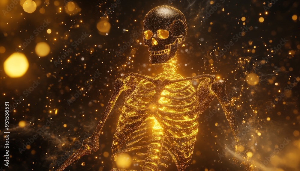 Fototapeta premium Shimmering Golden Skeleton in Sparkling Halloween Night Setting with Dark Background