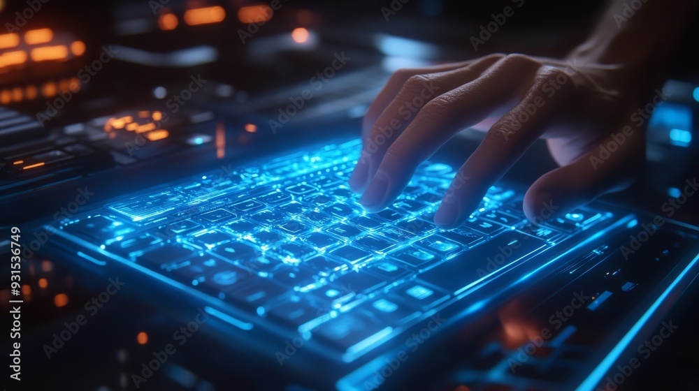 Floating Holographic Keyboard: A sleek, floating holographic keyboard being used by a person in a high-tech environment.