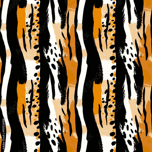 Abstract tiger stripes alternate with vibrant orange spots and graphic black brushstrokes creating a dynamic and modern pattern with elements of wild nature photo