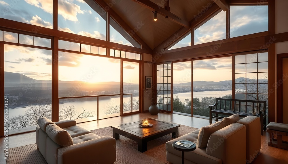 Living room with beautiful view in japanese house interior background. Living room with beautiful view in japanese house interior background.