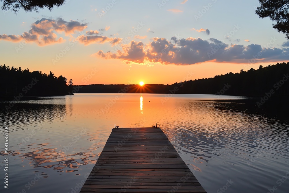 Scenic sunset over a tranquil lake with a wooden dock extending into the water. Scenic sunset over a tranquil lake with a wooden dock extending into the water.