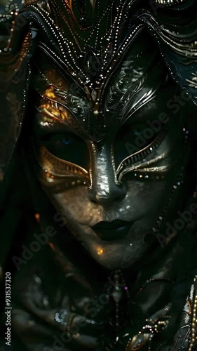 Video Vertical tenebrist recreation of woman eyes behind a venetian carnival mask	
 photo