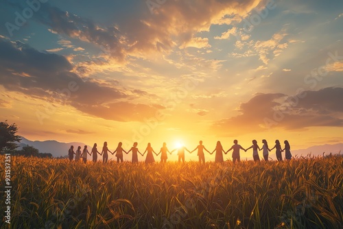 Silhouettes of people holding hands in a field at sunset.