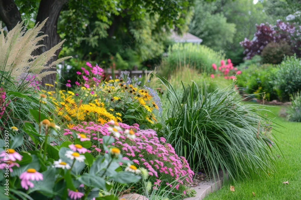 A tranquil garden scene with a mix of blooming perennials, annuals, and ornamental grasses, creating a lush, inviting space A tranquil garden scene with a mix of blooming perennials, annuals, and ornamental grasses, creating a lush, inviting space