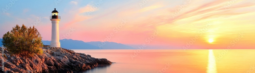 Naklejka premium A serene lighthouse at sunset, illuminating the calm sea and highlighting nature's beauty with vibrant colors and peaceful ambiance.