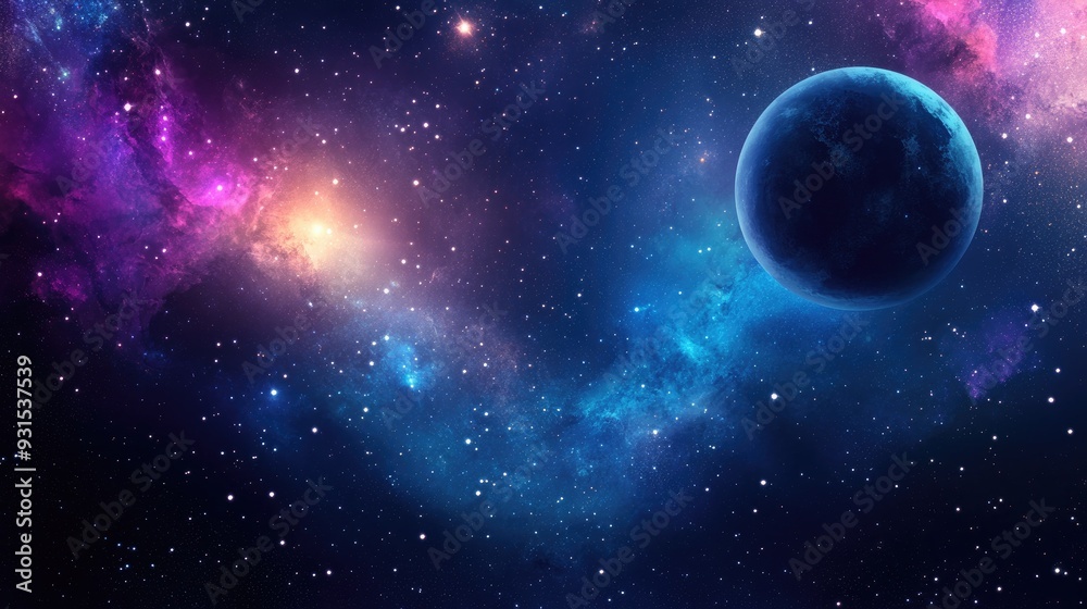 Obraz premium A single planet in a deep space with nebulae and a scattering of stars.