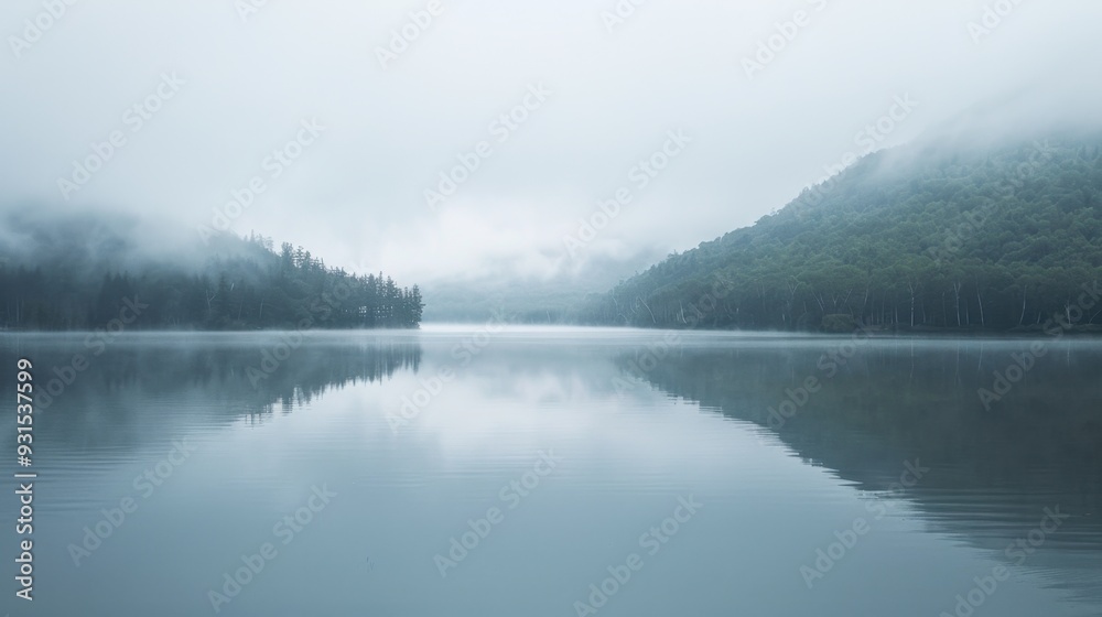 Fototapeta premium A misty morning landscape with gray fog rolling over a quiet lake, reflecting the muted sky
