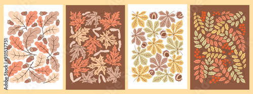 Autumn set of Vintage botanical mid century posters or art print with rowan, oak, maple, chestnut leaves and berries. Hippie 60s, 70s style. Isolated leaves on white background in nostalgic style