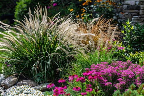 A tranquil garden scene with a mix of blooming perennials, annuals, and ornamental grasses, creating a lush, inviting space