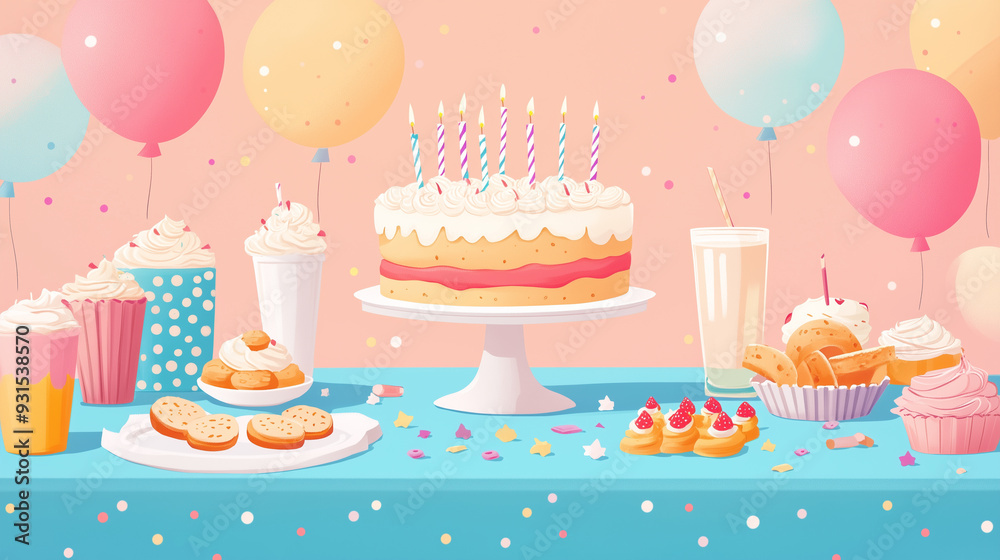 Colorful birthday table with cake, drinks, and a variety of sweet treats Colorful birthday table with cake, drinks, and a variety of sweet treats