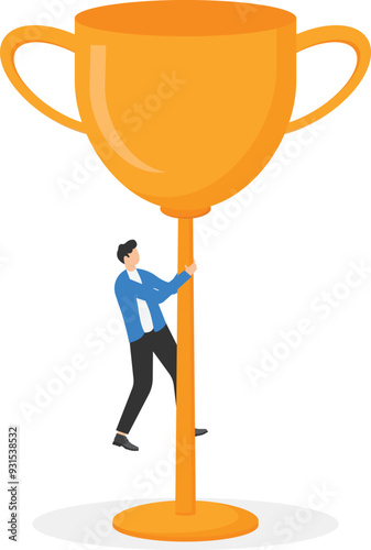 a man in a business suit climbs on a cup

