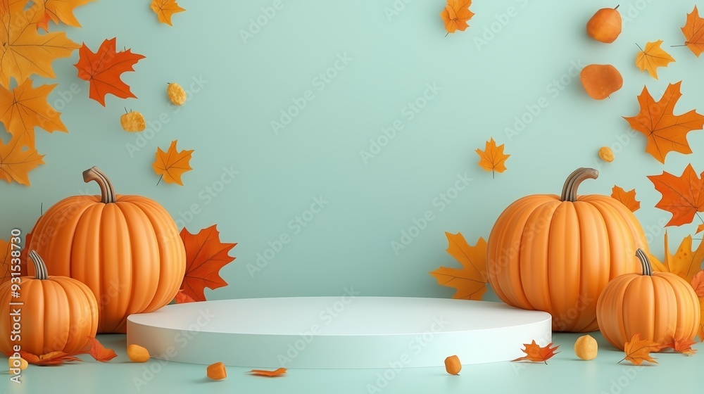 Autumn Display Podium Decoration Background with Autumn leaves and empty minimal podium pedestal product display.Background or banner template for the design of Autumn and Fall Banners Autumn Display Podium Decoration Background with Autumn leaves and empty minimal podium pedestal product display.Background or banner template for the design of Autumn and Fall Banners
