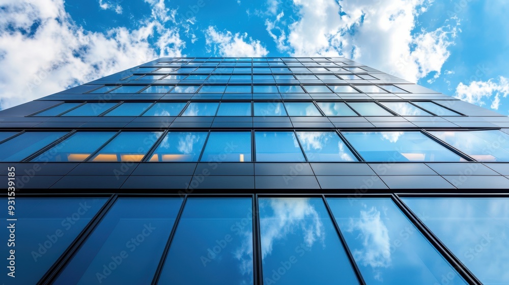A modern office building with a light black facade, reflecting the sky A modern office building with a light black facade, reflecting the sky