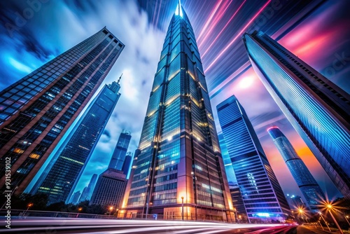 Wallpaper Mural Dramatic low-angle shot of a futuristic skyscraper, emphasizing power and ambition, with a blurred cityscape background, f/2.8, 1/125s, ISO 400, neon lights. Torontodigital.ca