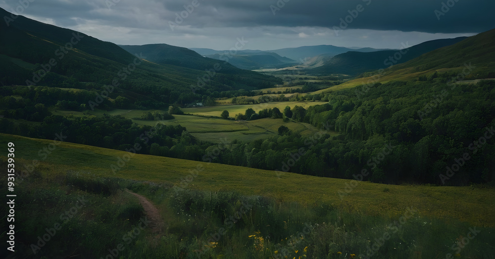 Fototapeta premium Narrow path leading into a valley surrounded by lush green hills