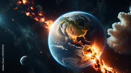 Planet earth in outer space engulfed in flames. Concept of natural disasters global warming apocalypse war judgment day. photo