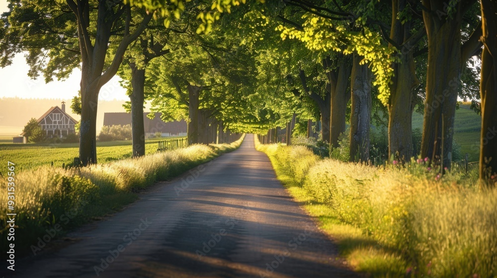 A peaceful countryside road lined with green trees, leading to a distant farmhouse A peaceful countryside road lined with green trees, leading to a distant farmhouse