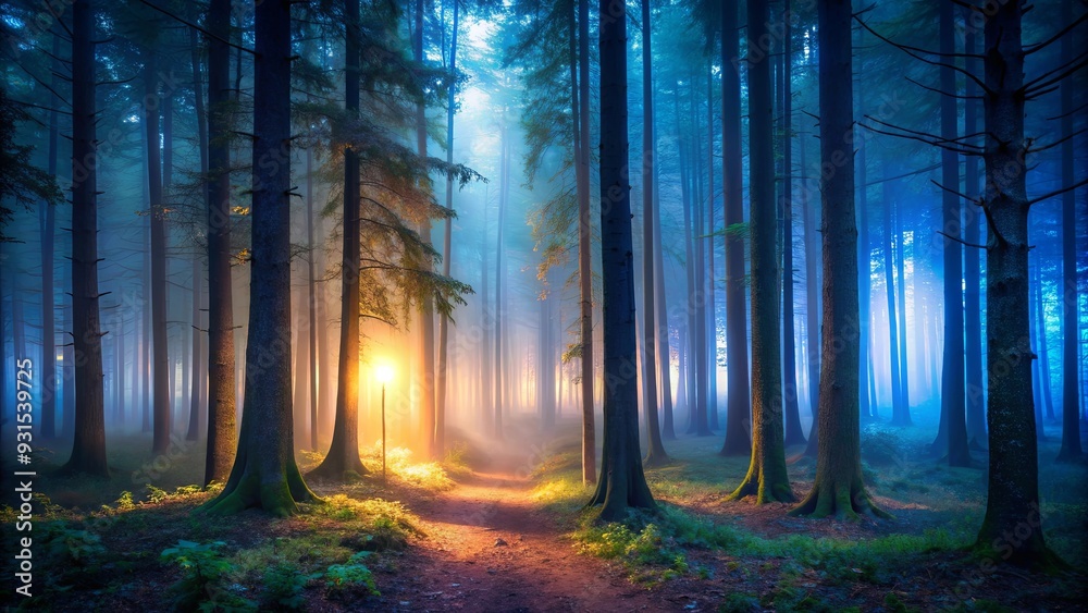 Naklejka premium A mysterious evening in the foggy forest with dim light filtering through the trees, gloomy, fall, evening, forest, fog, mist