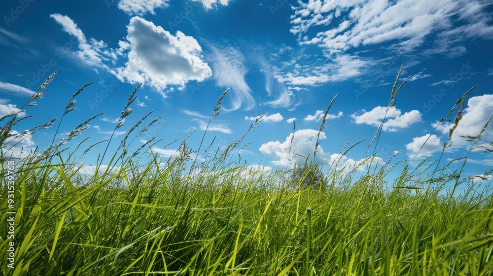 A peaceful meadow with tall green grass swaying in the breeze under a bright blue sky