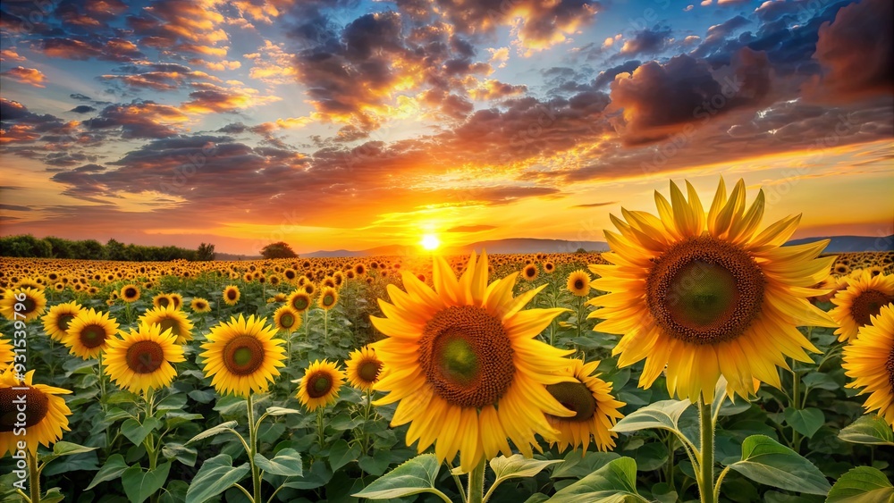 Fototapeta premium Field of sunflowers with sunset in background, sunflowers, sunset, field, nature, beauty, agriculture, evening, rural, farm