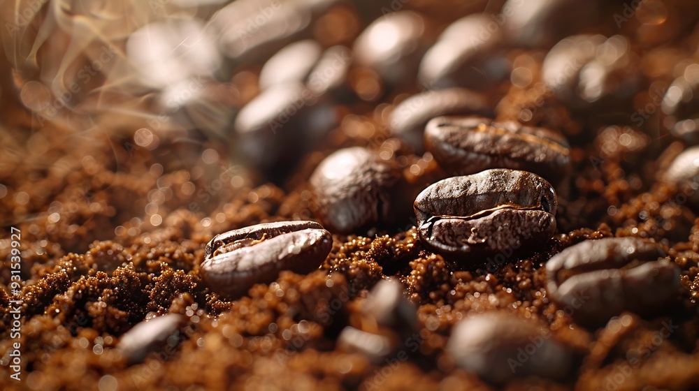 Macro photo fresh roasting coffee beans on ground brown warm toning : Generative AI Macro photo fresh roasting coffee beans on ground brown warm toning : Generative AI