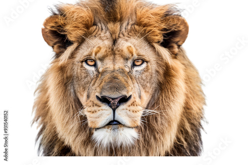 Detailed close-up of a lion's face, looking at the camera, isolated against a white background, capturing its fierce and commanding expression