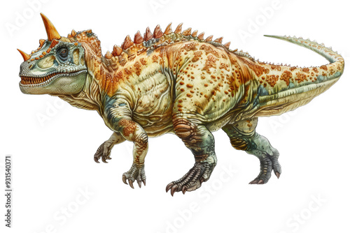 Detailed illustration of Carnotaurus, isolated on a white background, highlighting its unique features like the horns and bumpy skin texture