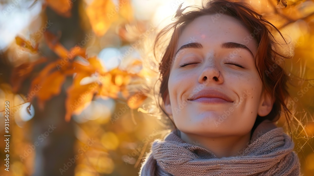 Caucasian woman with eyes closed smiling at the park in autumn : Generative AI Caucasian woman with eyes closed smiling at the park in autumn : Generative AI