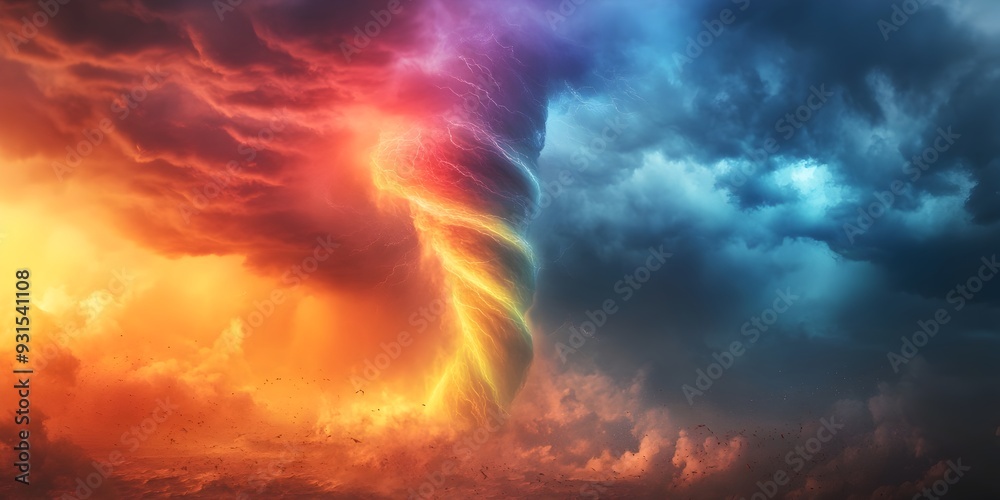 Colossal Twisting Tornado Casting Vivid Rainbow Amid Ominous Storm Clouds and Dramatic Lighting Colossal Twisting Tornado Casting Vivid Rainbow Amid Ominous Storm Clouds and Dramatic Lighting