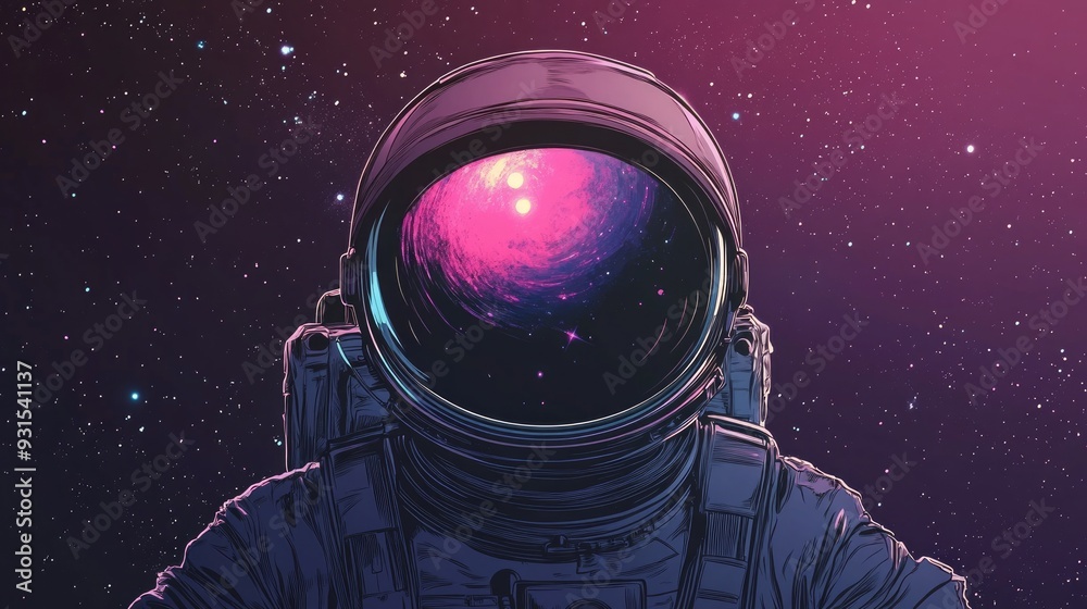 Astronaut's helmet with a pink galaxy reflected in the visor. Astronaut's helmet with a pink galaxy reflected in the visor.