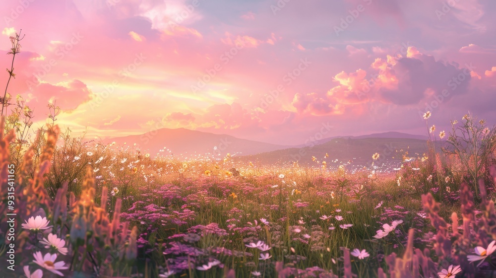 A serene pink sunset over a field of wildflowers, with the sky painted in soft pastel tones A serene pink sunset over a field of wildflowers, with the sky painted in soft pastel tones