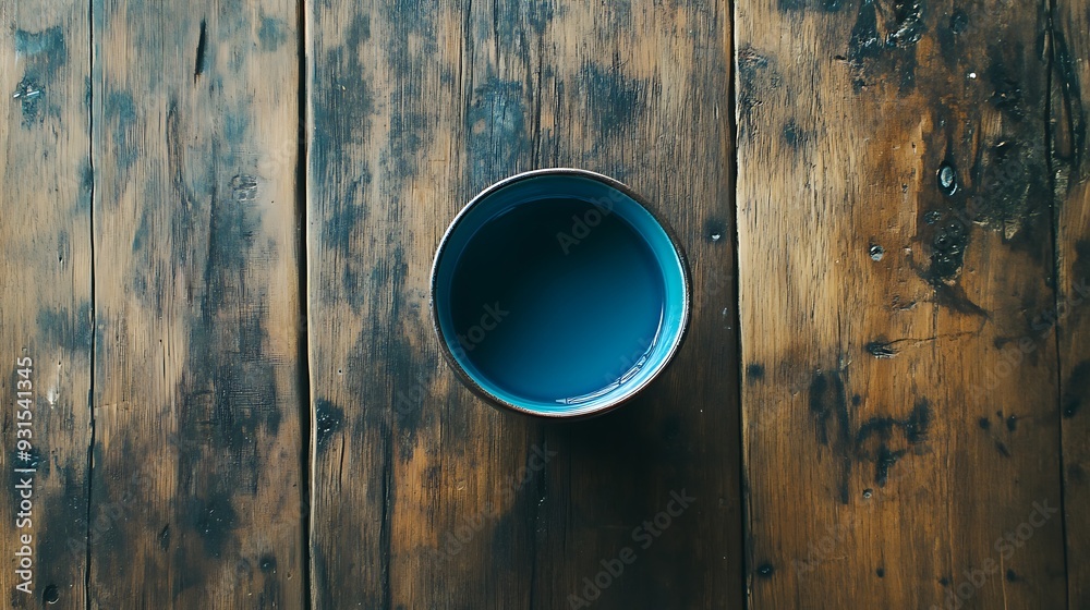 A blue bowl sits on a rustic wooden table, the natural wood grain is visible and adds a touch of warmth to the image. A blue bowl sits on a rustic wooden table, the natural wood grain is visible and adds a touch of warmth to the image.