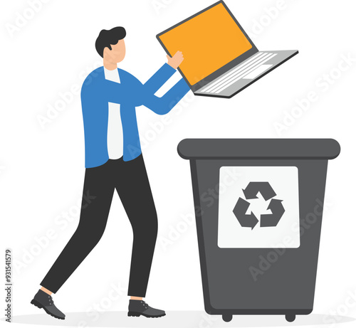 a man in a business suit throws the old laptop into the trash, trash sorting,

