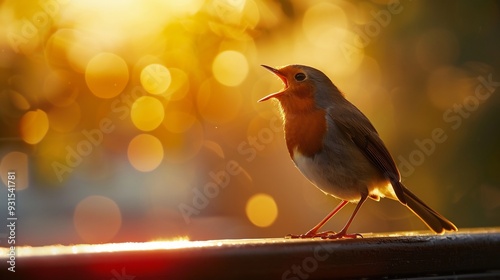 Robin singing at sunrise with the morning light casting a warm glow over the scene photo