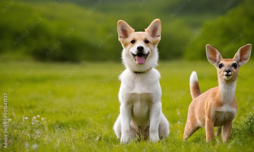 Happy dog and baby deer sitting in grass field Happy dog and baby deer sitting in grass field