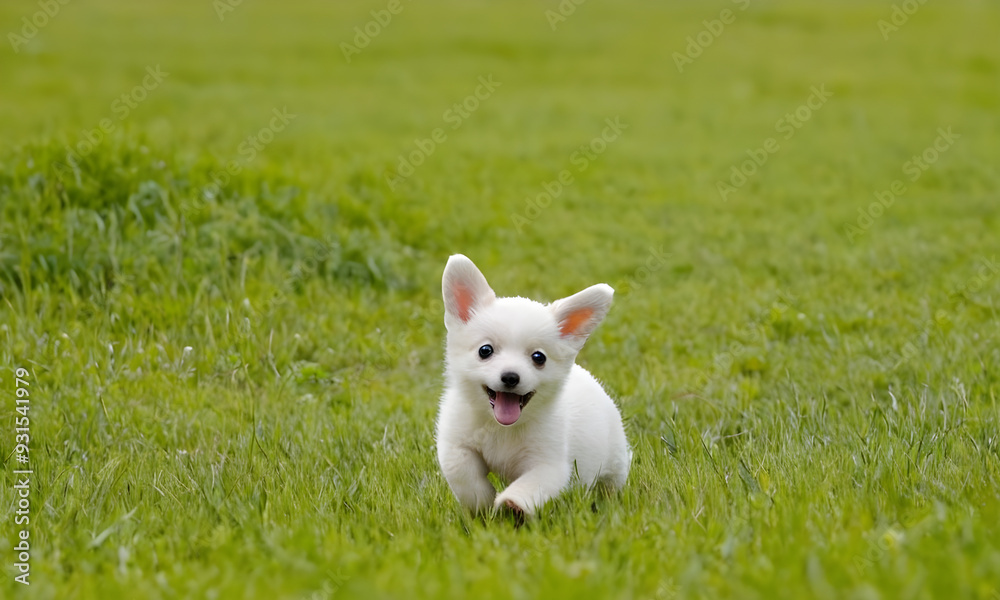 Adorable white puppy running through green grass field Adorable white puppy running through green grass field