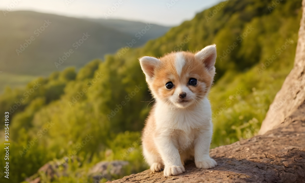Adorable puppy posing on a tree trunk in nature Adorable puppy posing on a tree trunk in nature