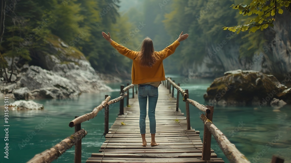 Naklejka premium Young woman stands on a wooden bridge with raised arms up on the nature background Travel Freedom Lifestyle concept Slovenia Europe : Generative AI