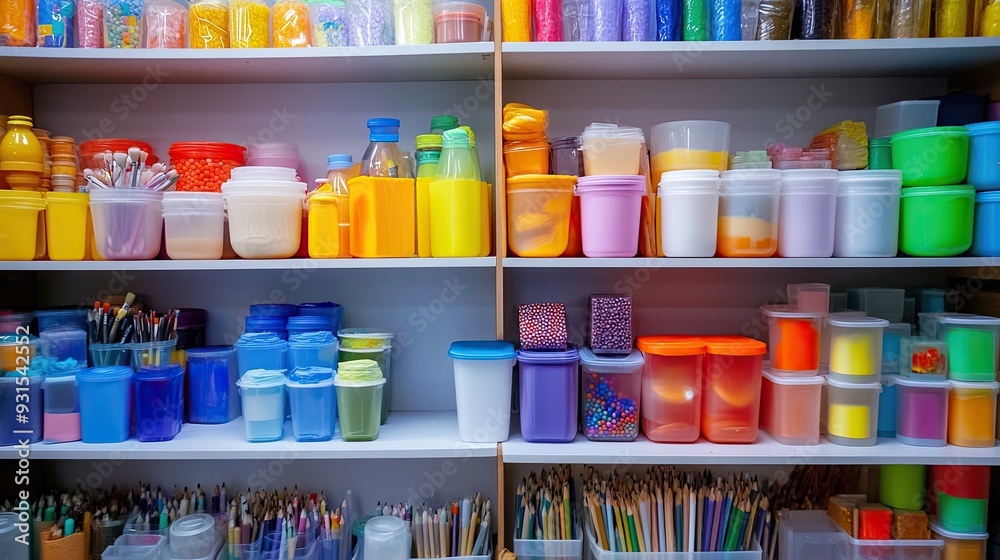 Colorful plastic containers on shelves in a pantry or storage room, with many different colors and sizes. Colorful plastic containers on shelves in a pantry or storage room, with many different colors and sizes.