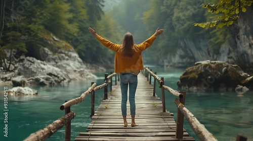 Young woman stands on a wooden bridge with raised arms up on the nature background Travel Freedom Lifestyle concept Slovenia Europe : Generative AI