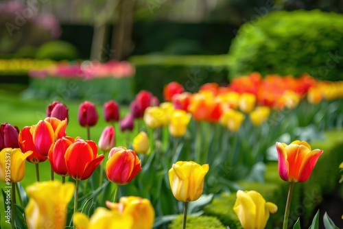 A vibrant garden scene with a mix of colorful tulips in red, yellow, and orange, bordered by neatly trimmed hedges.
