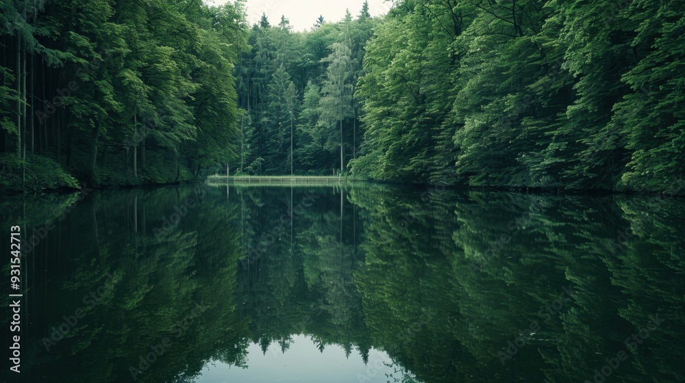 A tranquil lake surrounded by dense green forest, reflecting the trees in the water