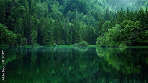 A tranquil lake surrounded by dense green forest, reflecting the trees in the water