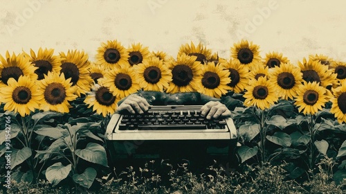 Hands typing on a vintage typewriter in a field of sunflowers.