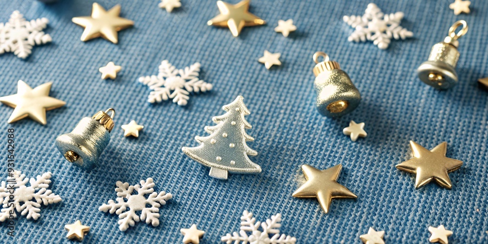 A collection of golden Christmas ornaments and decorations, including stars, snowflakes, pinecones, bells, and baubles, arranged on a textured background. A collection of golden Christmas ornaments and decorations, including stars, snowflakes, pinecones, bells, and baubles, arranged on a textured background.
