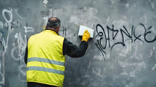 Removing Graffiti Cleaning Wall Worker Yellow Vest Sponge Action