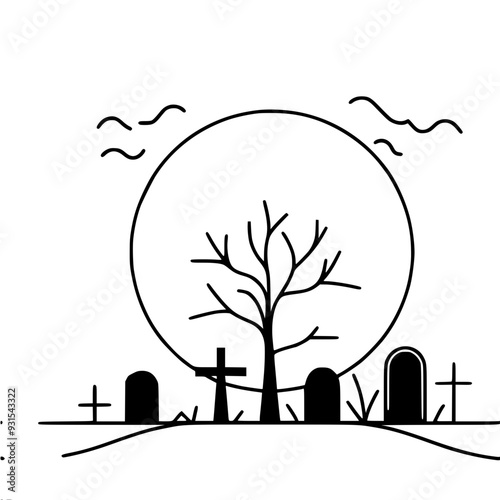 Minimalistic vector one-line black and white drawing of a cemetery in winter under a huge full moon, for Halloween