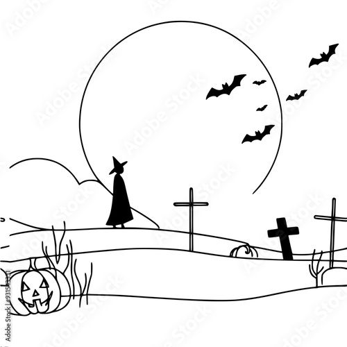 Stylized vector one-line drawing of a witch in a hat in a cemetery at night, creating a mystical atmosphere, Halloween