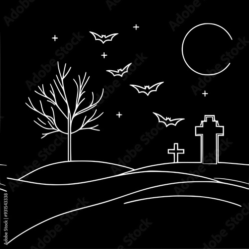 Minimalistic vector single line black and white drawing of a cemetery in winter, for Halloween