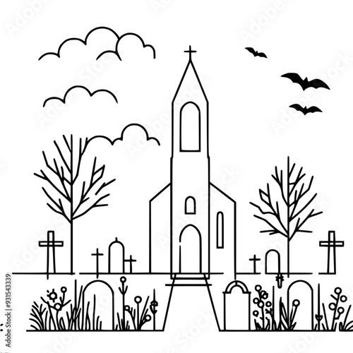 Church in a cemetery, trees without leaves, crosses, tombstones and bats in the cloudy sky creating a mystical atmosphere, one line vector drawing, Halloween